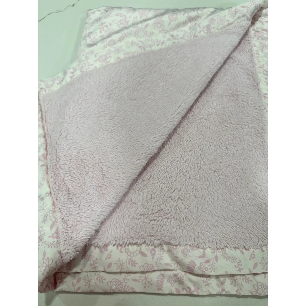 Tiddliwinks Baby Blanket Pink Floral White Plush Reversible Sherpa Fleece Trim